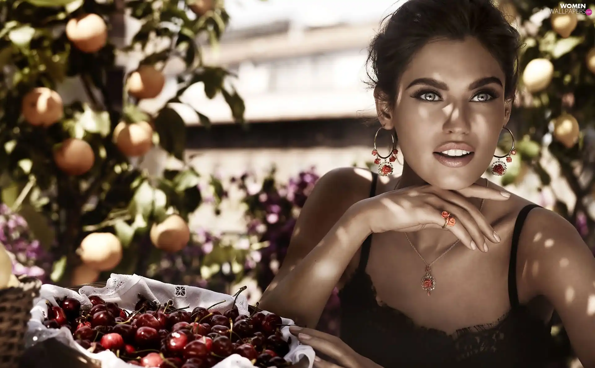 model, Bianca Balti, cherries, light breaking through sky, basket, Italian