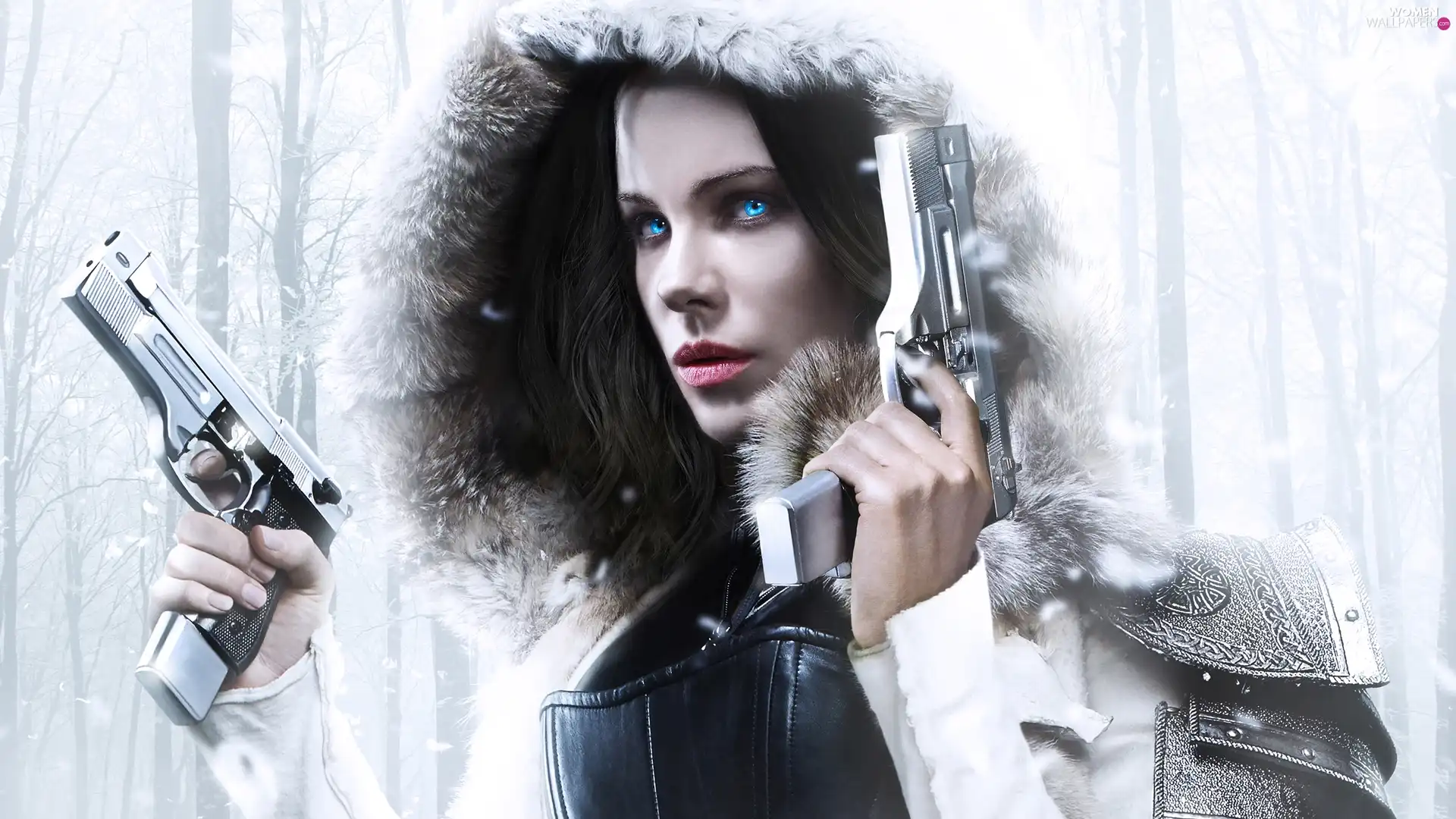 Underworld: Blood Wars, Selene, Eyes, Pistols, Blue, movie, Kate Beckinsale, hood