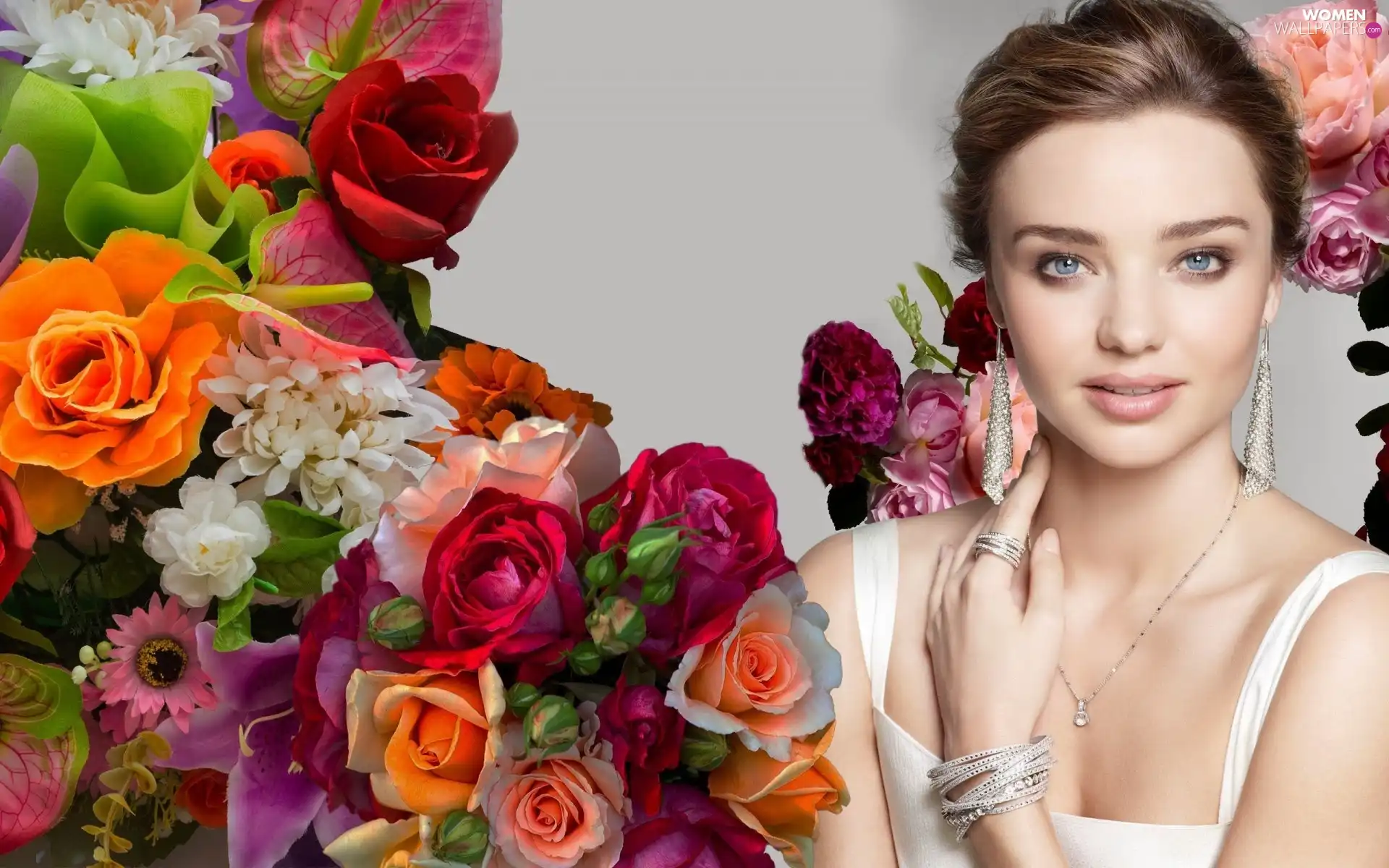 make-up, Women, flowers, Miranda Kerr, bouquet, jewellery