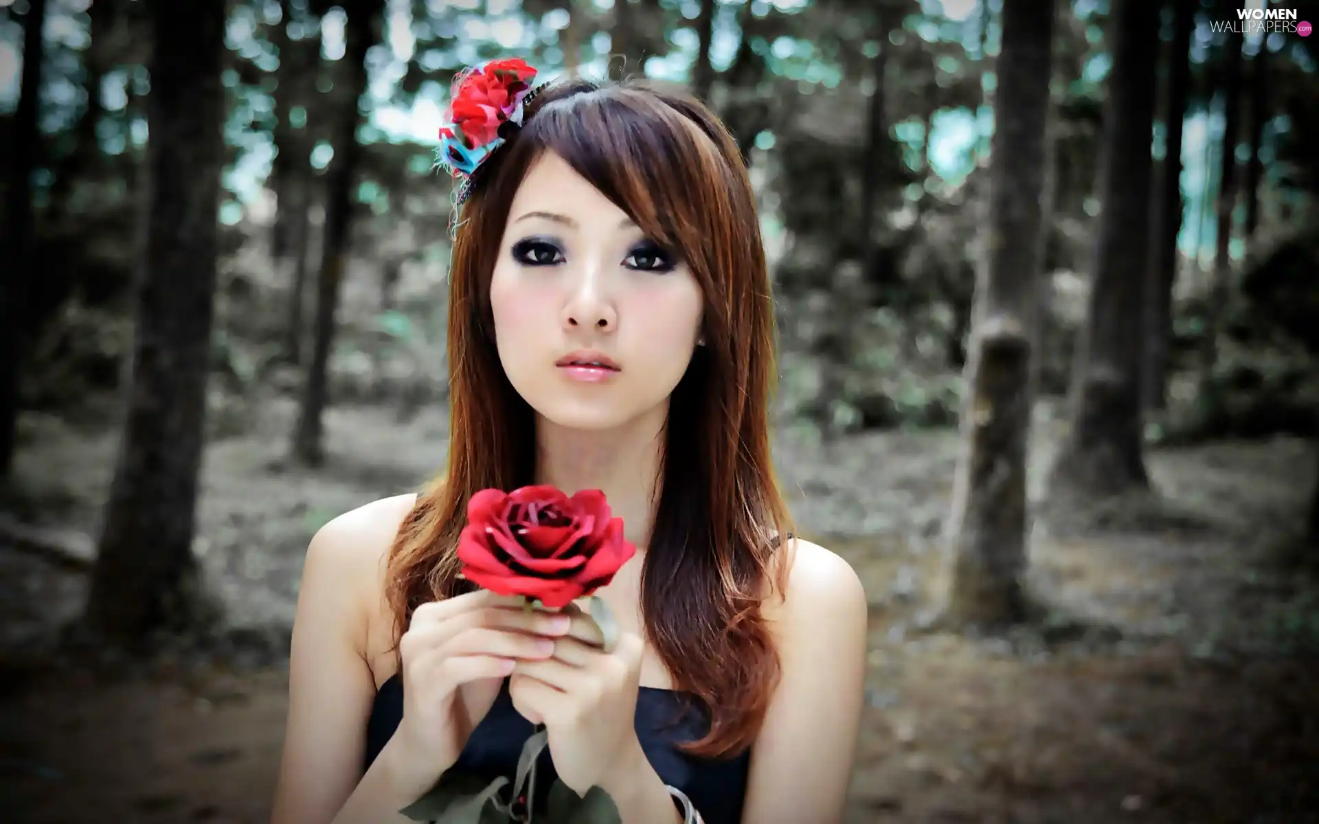 model, Mikako, blur, Zhang, roses, forest, summer, Kaijie