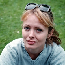 Black, Glasses, blue, sweater, Izabella Scorupco