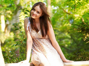 forest, smiling, viewes, Amelie Emily, trees, girl