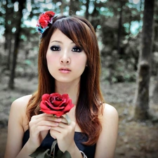 model, Mikako, blur, Zhang, roses, forest, summer, Kaijie