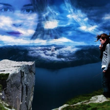 Emma Watson, clouds, water, Mountains